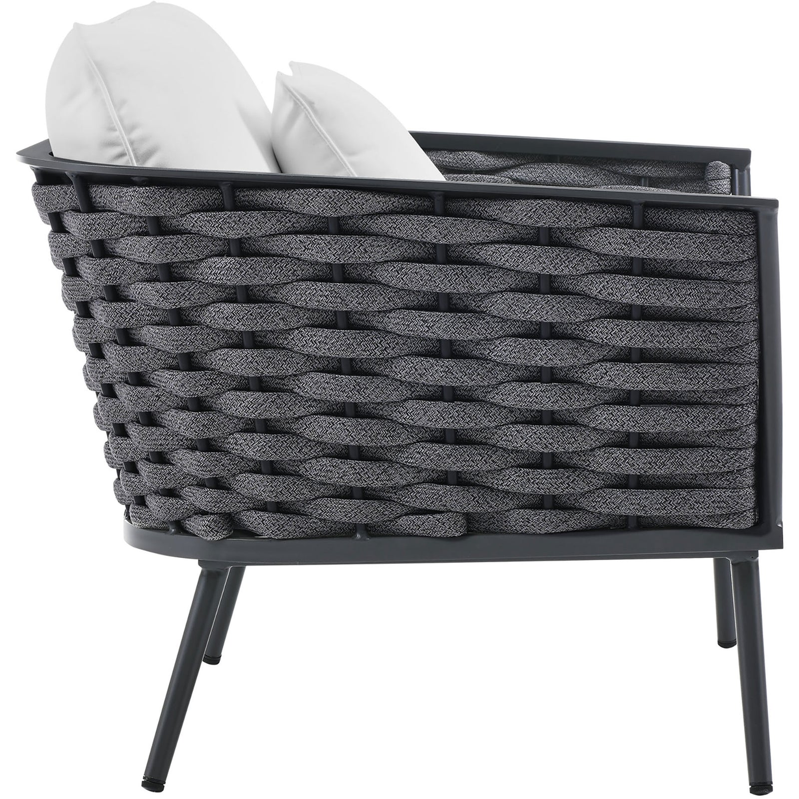 Charcoal rope side panel and slender gray legs of the Stance white cushion armchair || EEI-3054-GRY-WHI || side_studio