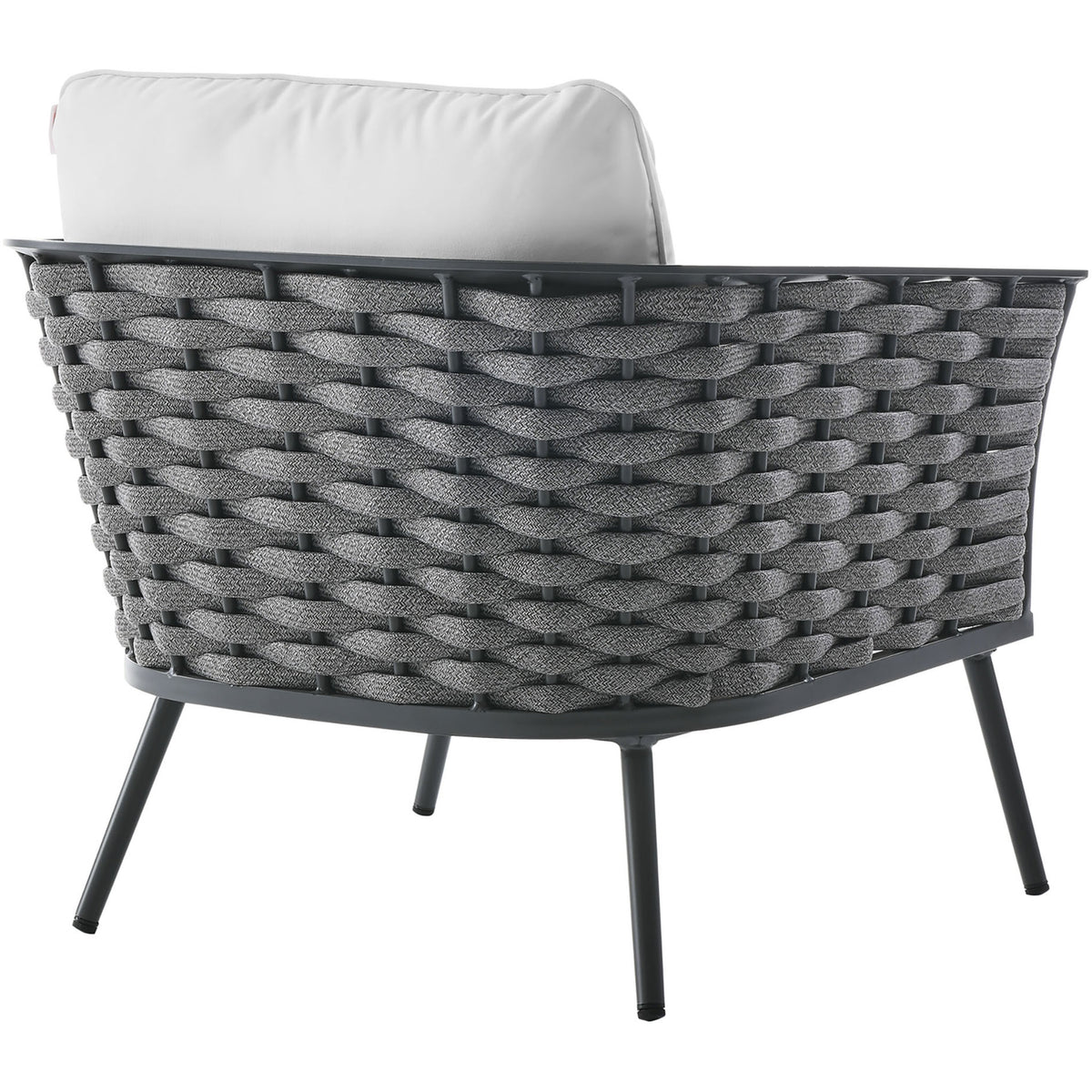 Sweeping curved rope backrest in charcoal encasing the Stance gray frame outdoor armchair || EEI-3054-GRY-WHI || back_studio