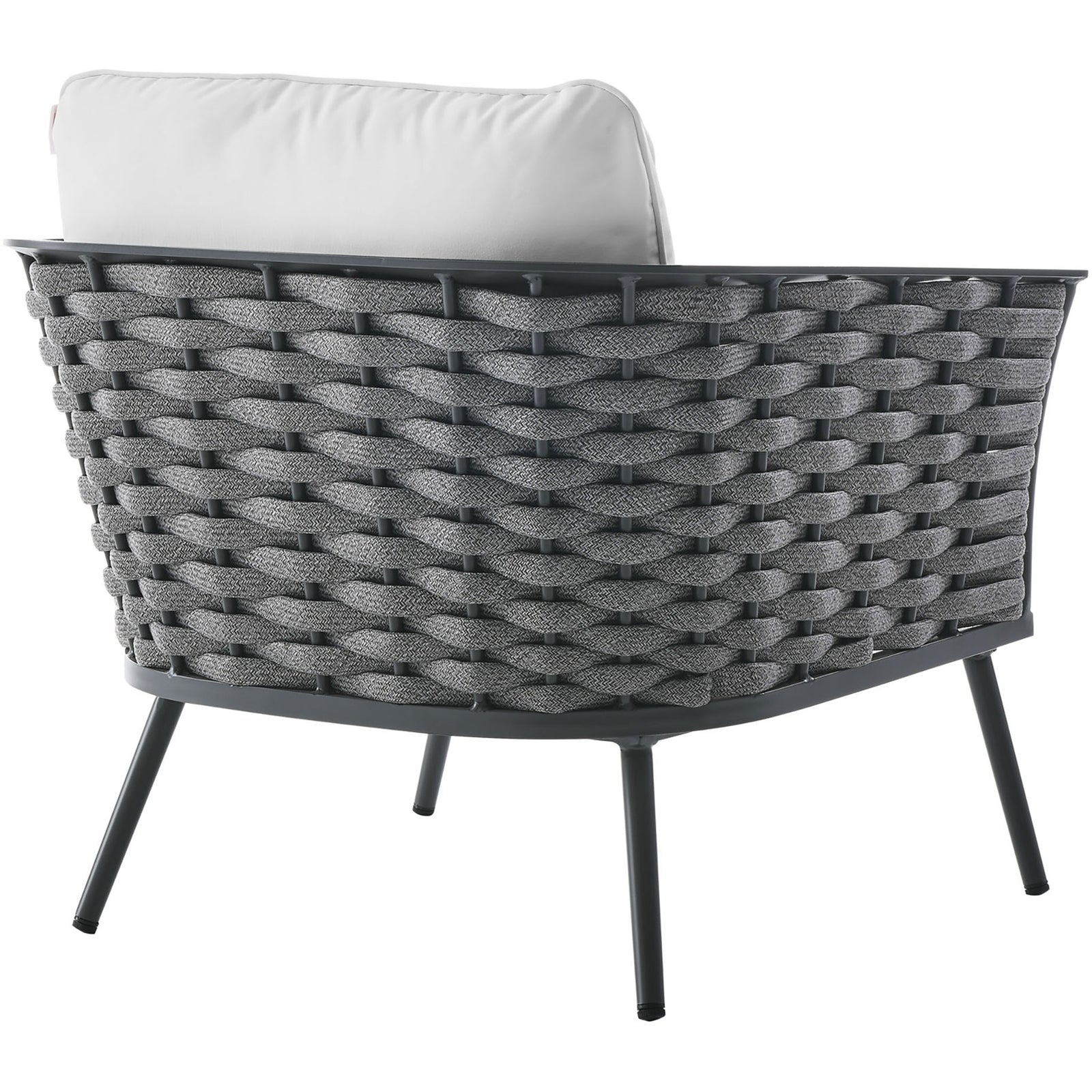 Sweeping curved rope backrest in charcoal encasing the Stance gray frame outdoor armchair || EEI-3054-GRY-WHI || back_studio