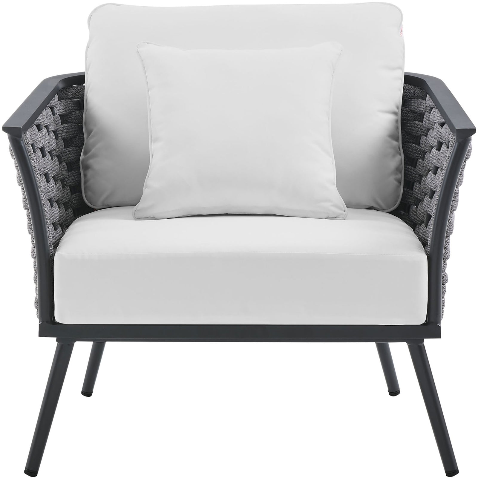 Generous white cushions on the Stance outdoor armchair with modern charcoal rope arms || EEI-3054-GRY-WHI || front_studio