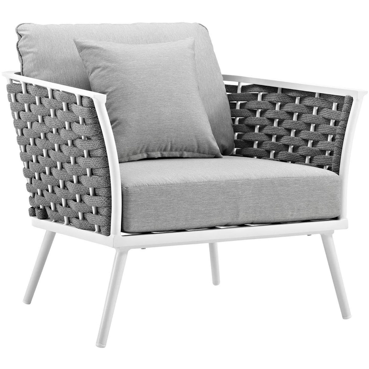 Stance outdoor armchair with light gray cushions and charcoal rope sides on a white frame || EEI-3054-WHI-GRY || front_angle_studio