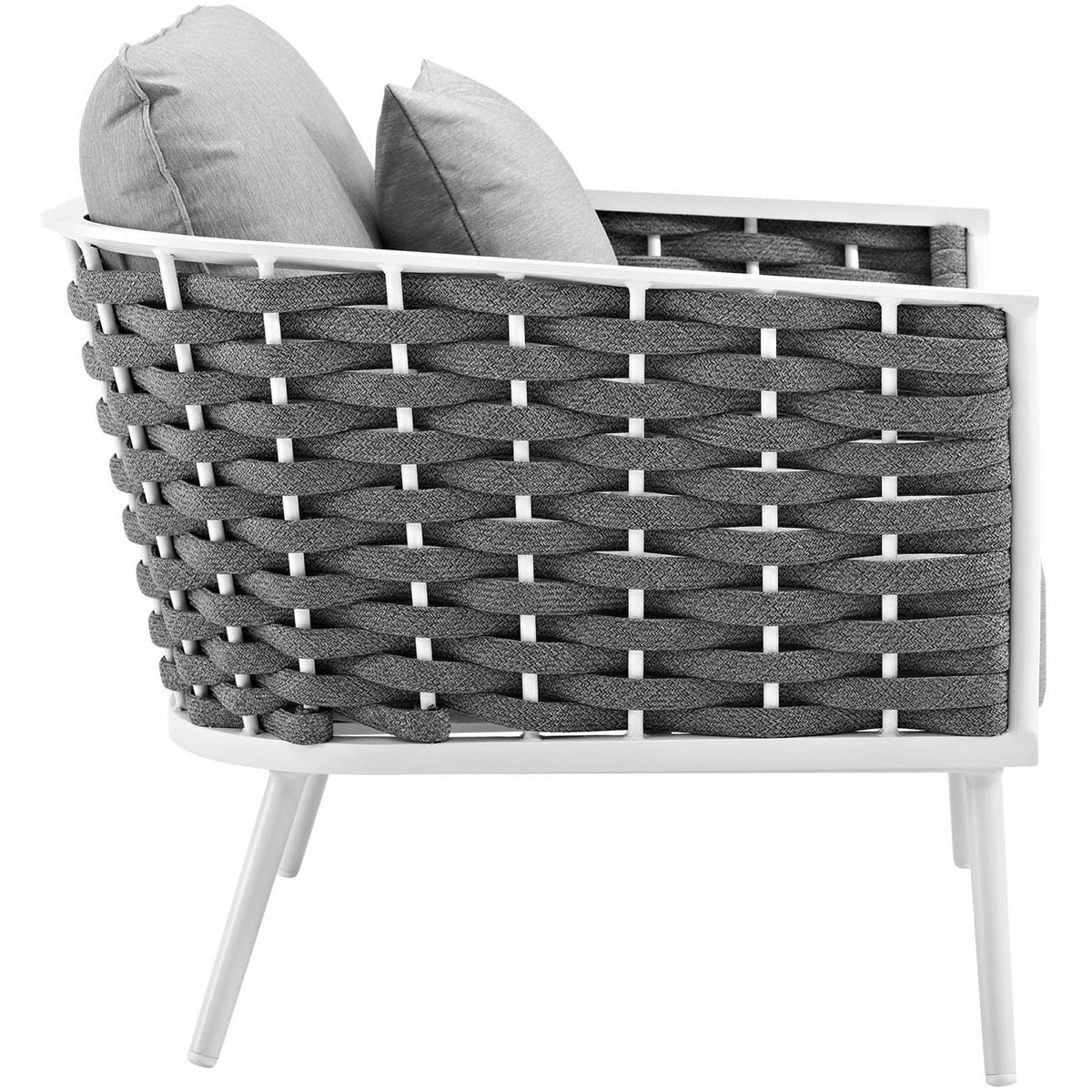 Braided charcoal rope panel and slim white legs of the Stance gray outdoor armchair || EEI-3054-WHI-GRY || side_studio