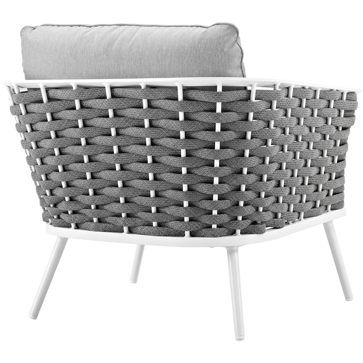 Wide curved rope backrest in dark gray wrapping the Stance white frame outdoor armchair || EEI-3054-WHI-GRY || back_studio