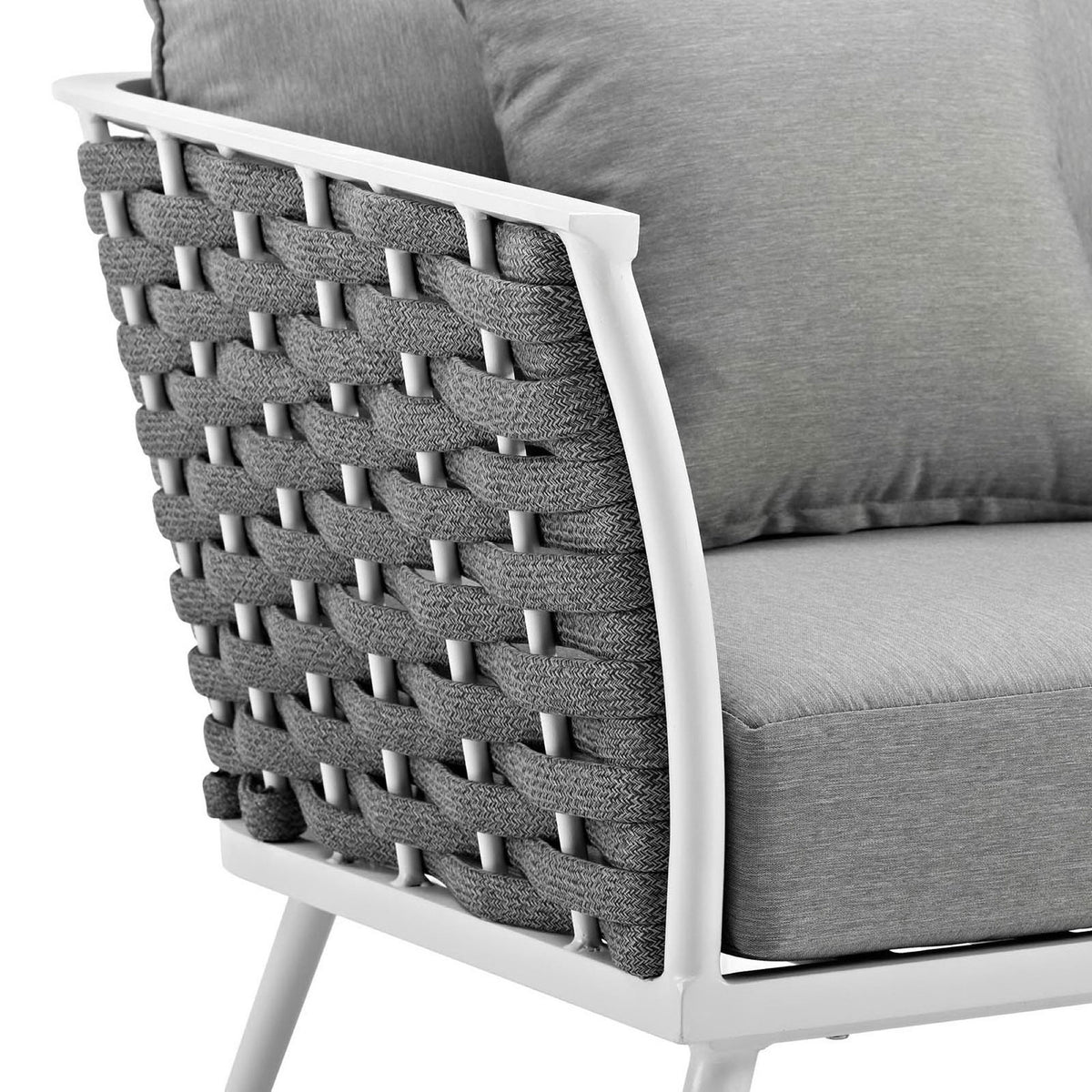 Soft gray cushion and woven charcoal rope arm of the Stance white outdoor armchair || EEI-3054-WHI-GRY || detail_studio