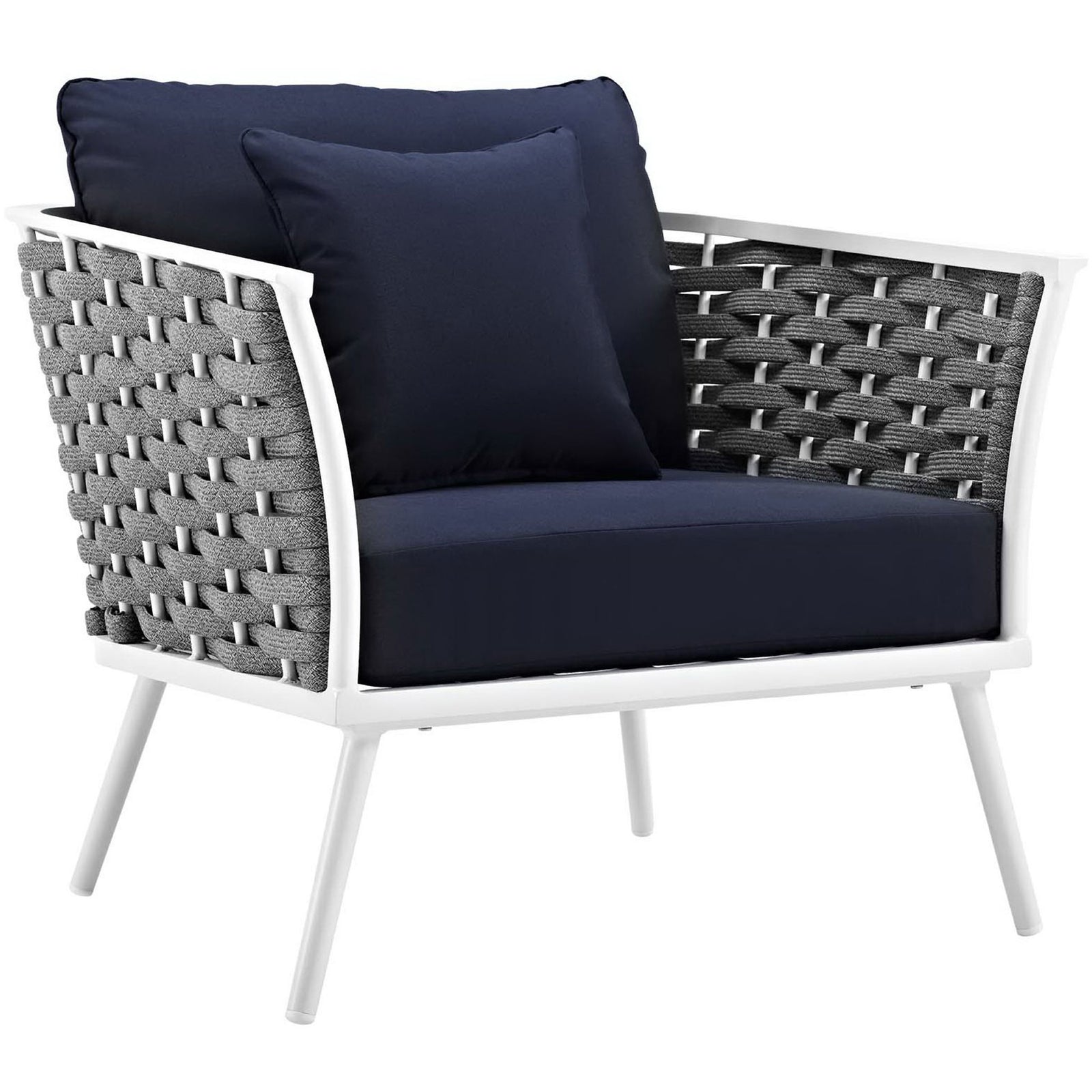 Stance outdoor armchair with deep navy cushions and charcoal rope sides on a white frame || EEI-3054-WHI-NAV || front_angle_studio