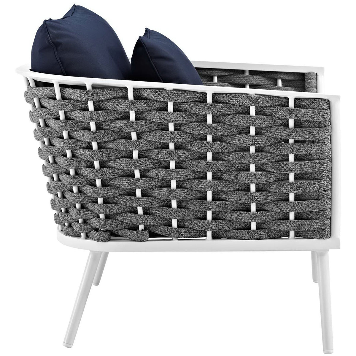 Charcoal rope side panel and slim white legs of the Stance navy outdoor armchair || EEI-3054-WHI-NAV || side_studio