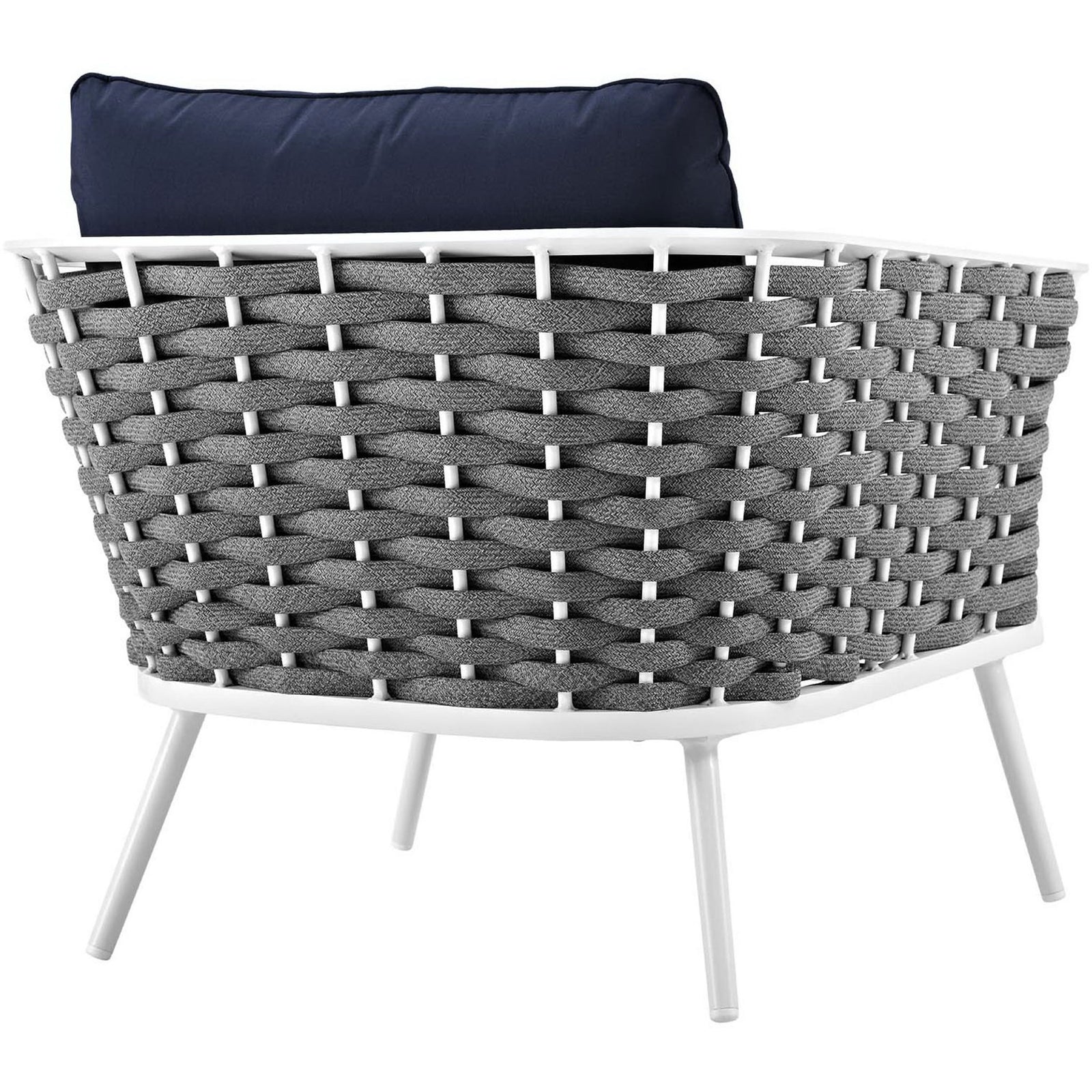 Curved woven rope back in charcoal showcasing the Stance white frame navy armchair || EEI-3054-WHI-NAV || back_studio