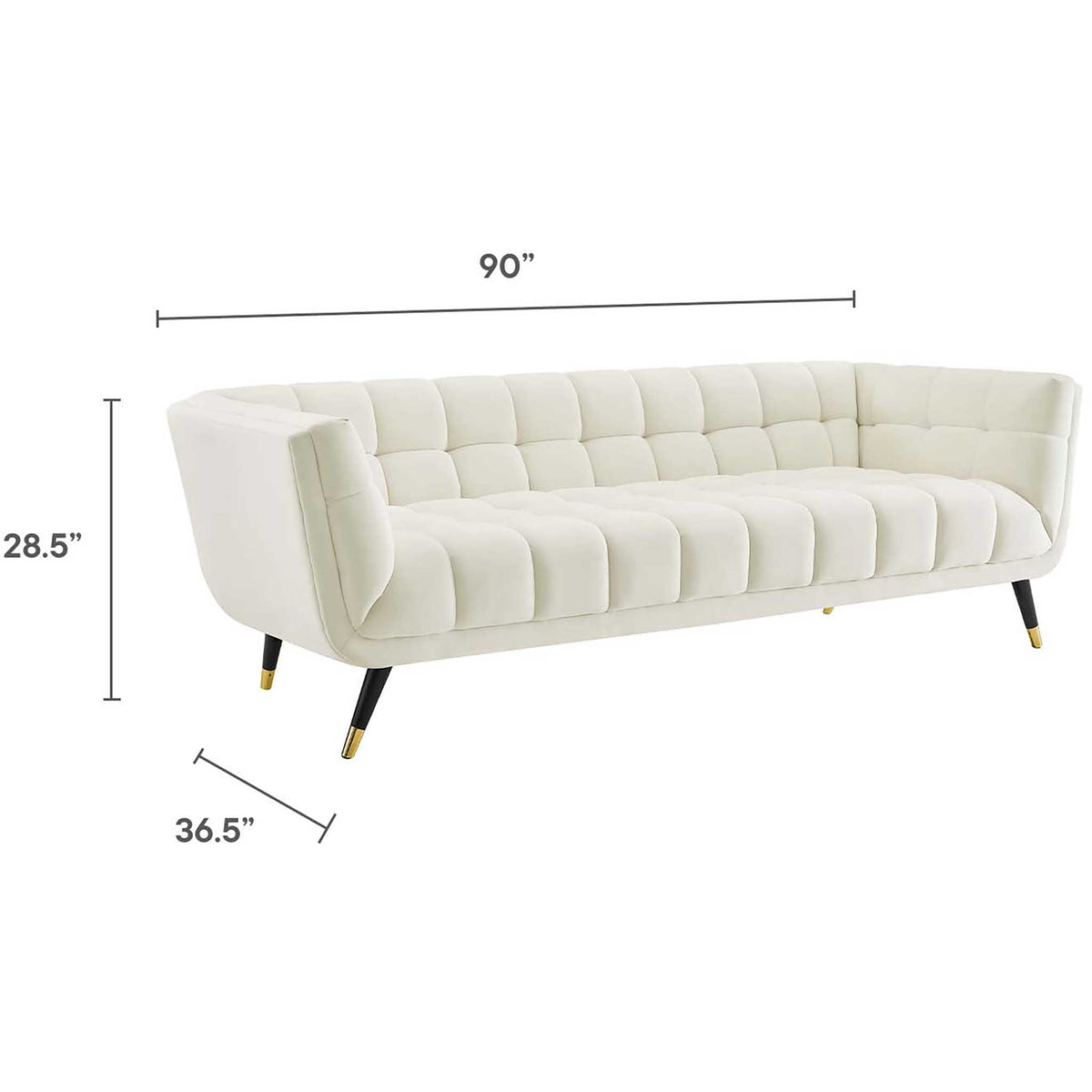 Spacious ivory sofa measures 90 inches wide, 36.5 inches deep and 28.5 inches high.