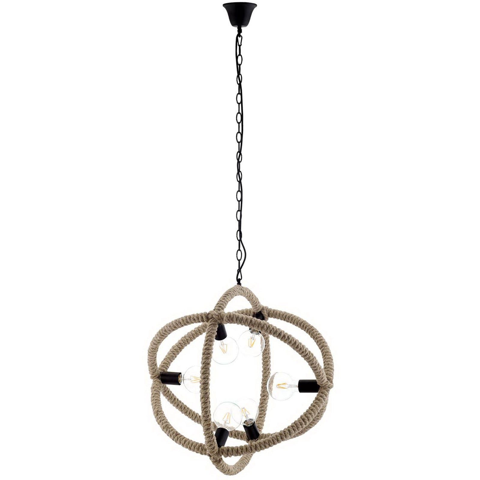Sculptural rope-wrapped orb chandelier with six black sockets and a height-adjustable chain || EEI-3076 || front_studio