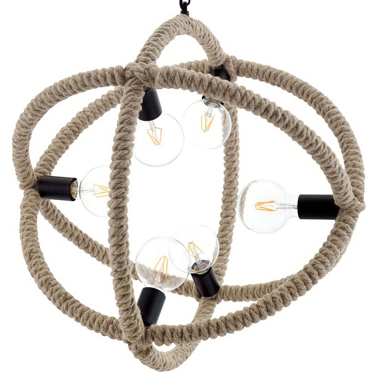 Rope-wrapped openwork sphere highlights the six-light design with sleek black sockets || EEI-3076 || detail_studio
