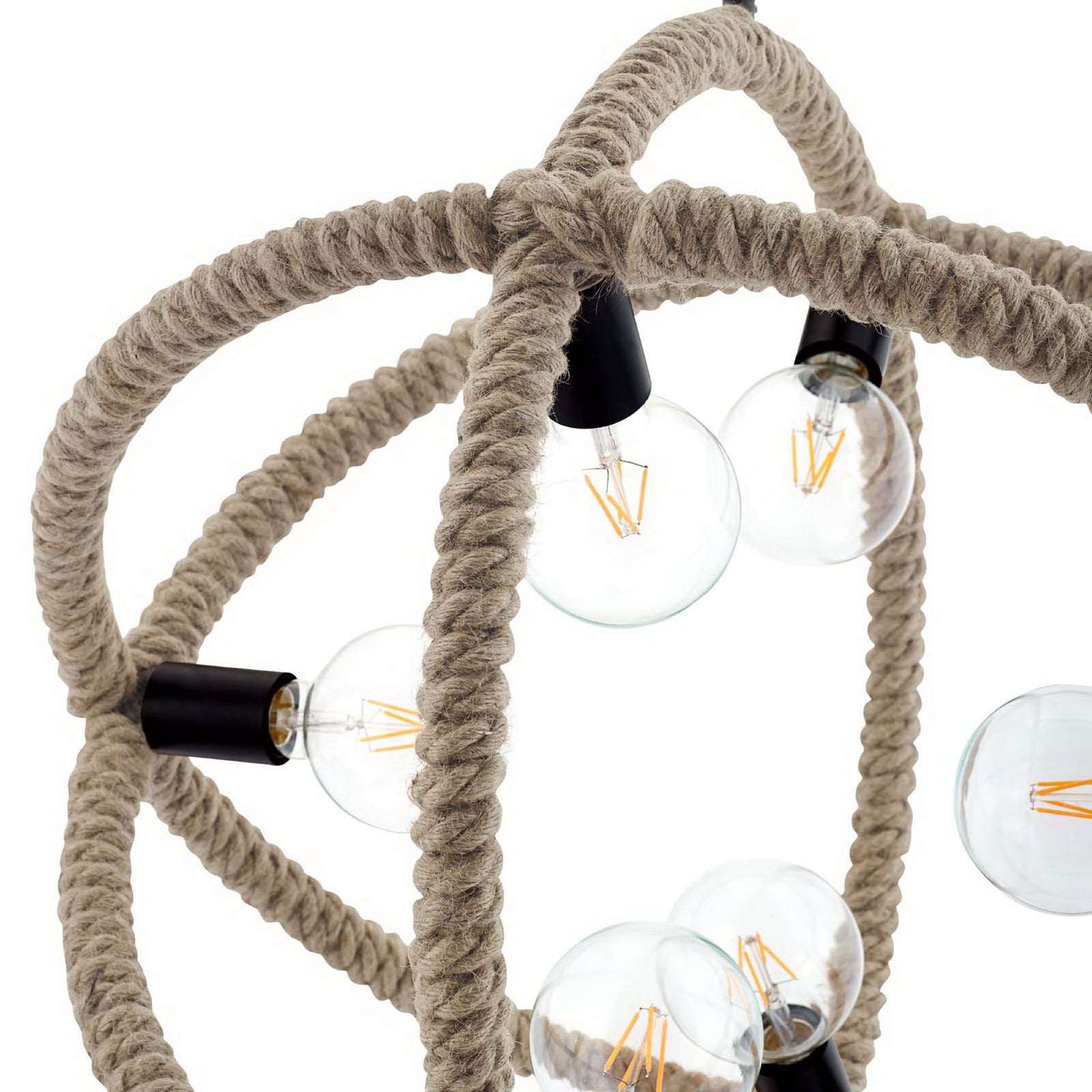 Textured natural rope and black sockets add rustic warmth to the open orb silhouette || EEI-3076 || detail_studio