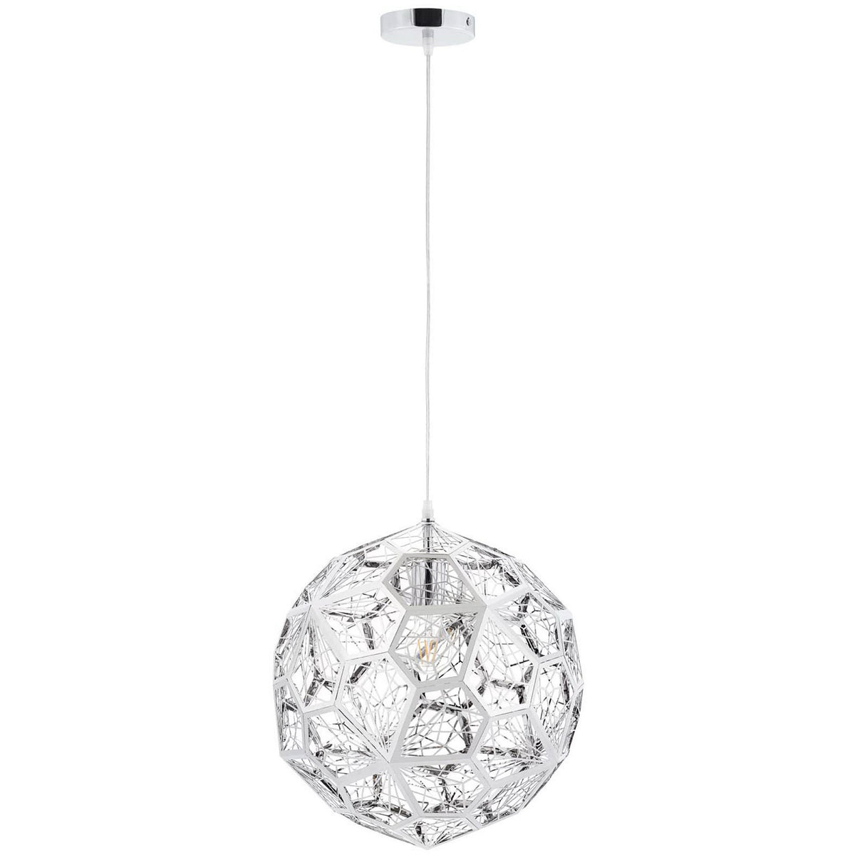 Shimmering chrome globe pendant with geometric openwork design || EEI-3082 || front_studio