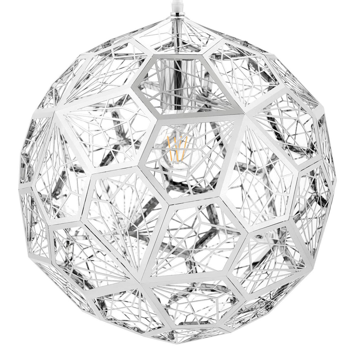 Faceted stainless steel lattice sphere showcasing exposed bulb detail || EEI-3082 || detail_studio