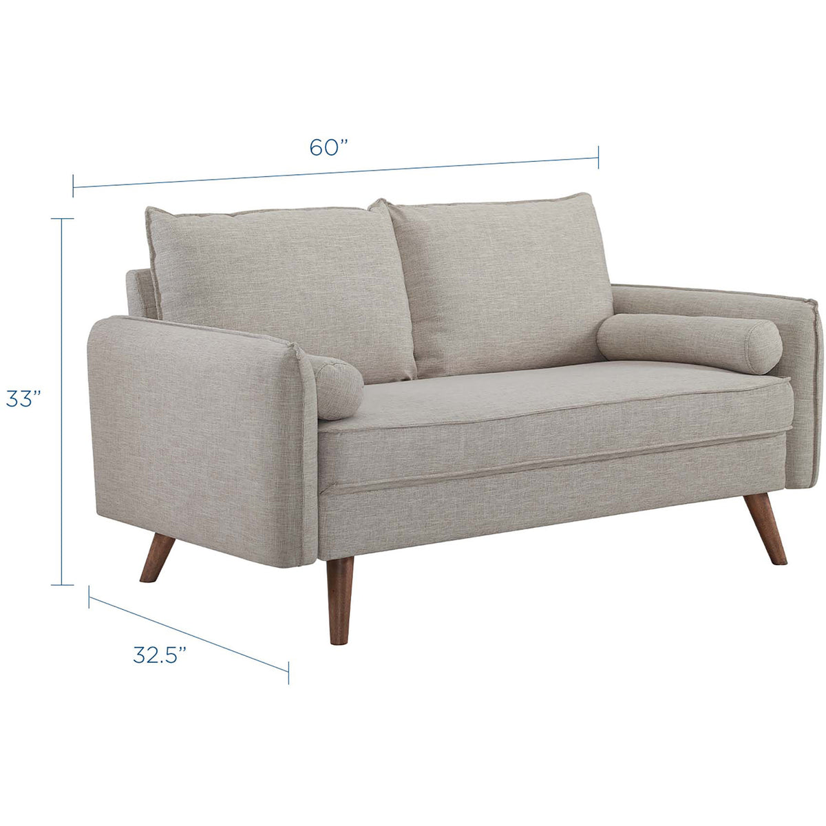At 60 inches wide and 32.5 inches deep, this beige loveseat balances roomy seating with a modest footprint.