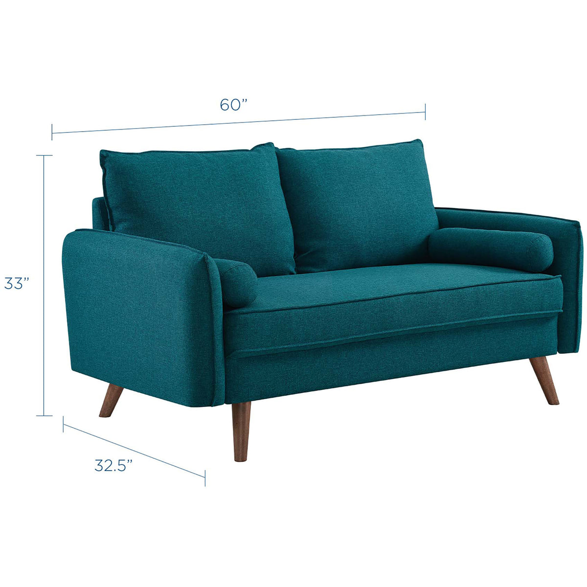 A 60-inch width and 32.5-inch depth give this teal loveseat cozy seating without overwhelming your room.