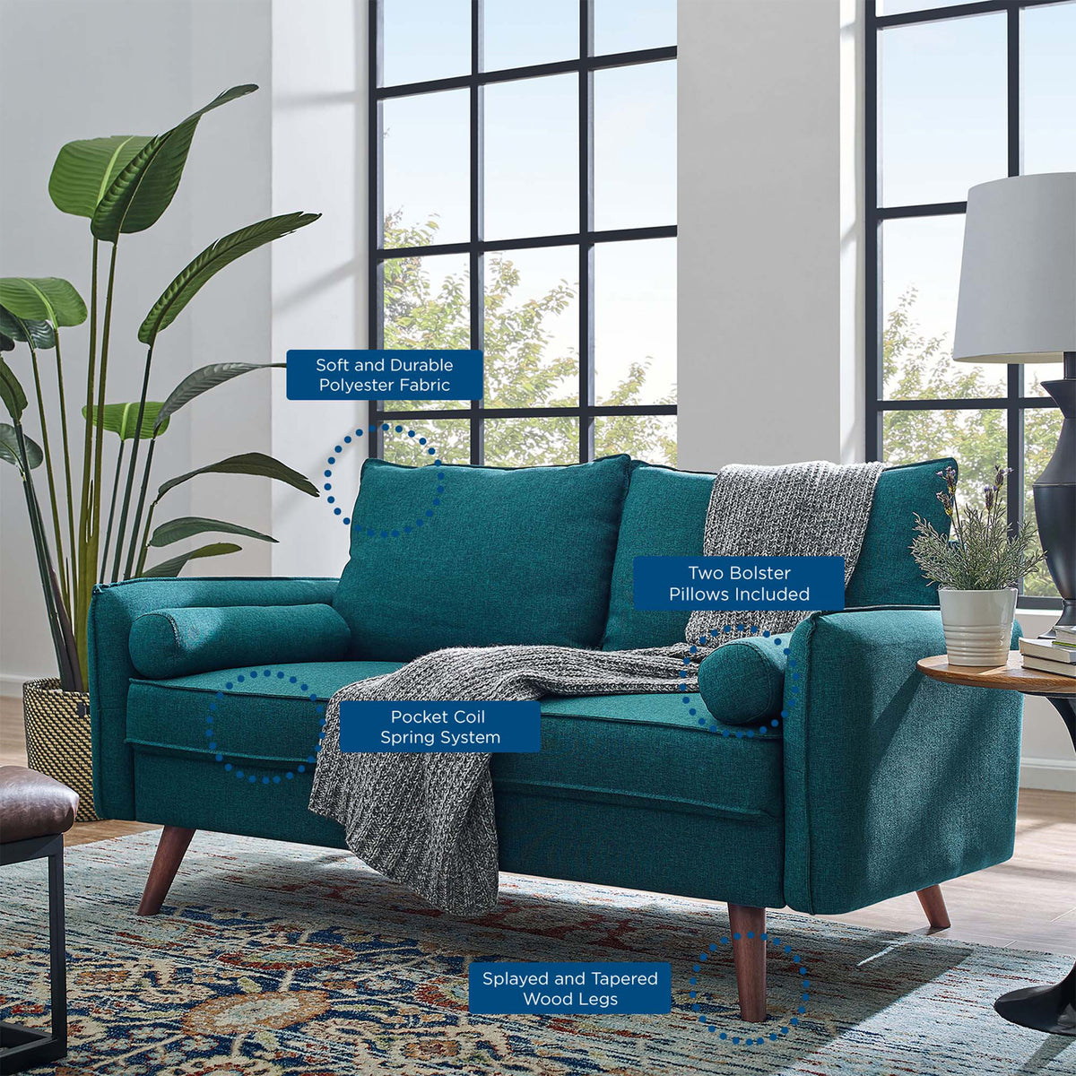 Durable polyester fabric, a pocket coil seat, and two bolster pillows make this teal loveseat ready for lounging.
