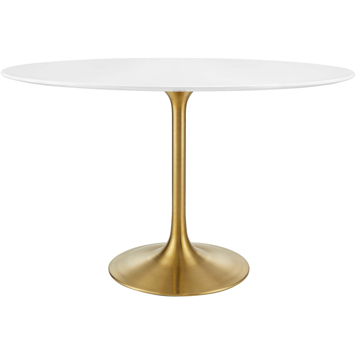 Sleek 48-inch white oval dining table with a tapered brushed gold pedestal base. || EEI-3215-GLD-WHI || front_studio