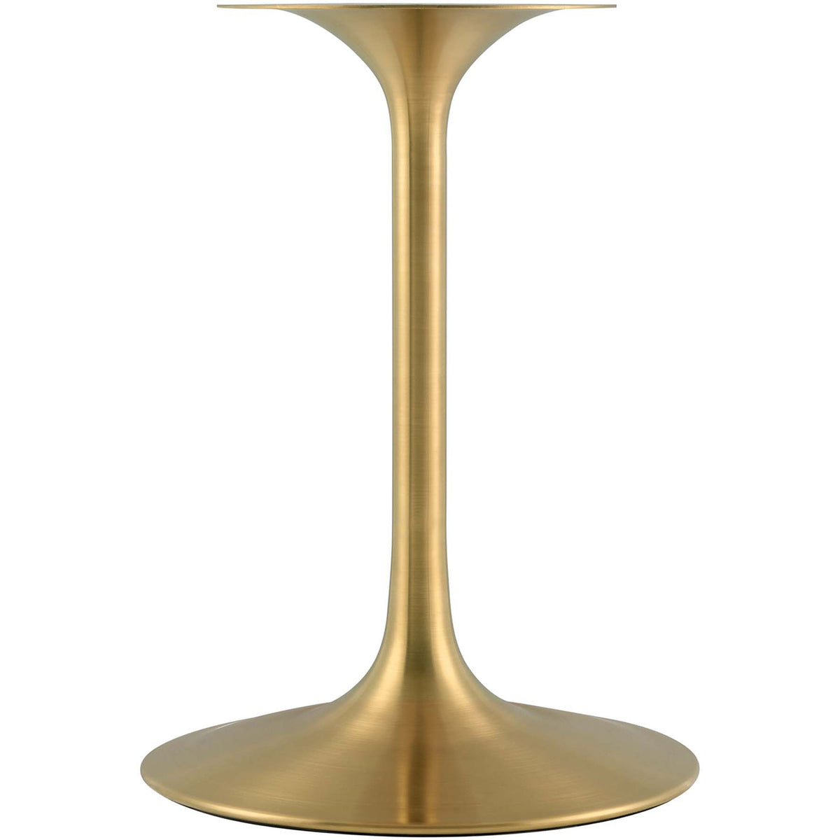 Curved brushed gold pedestal base adds mid-century charm and sturdy support to the dining table. || EEI-3215-GLD-WHI || leg_studio