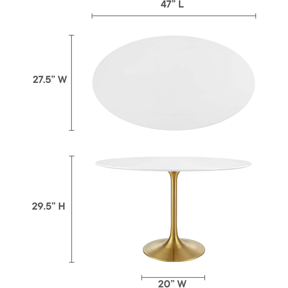 Size guide illustrating oval tabletop measurements and pedestal base width for the dining table. || EEI-3215-GLD-WHI || dimension_studio