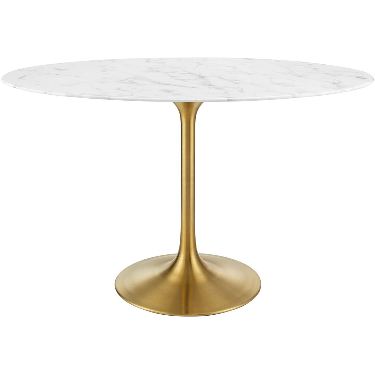 48 inch oval white faux marble dining table with tapered gold pedestal base || EEI-3216-GLD-WHI || front_studio