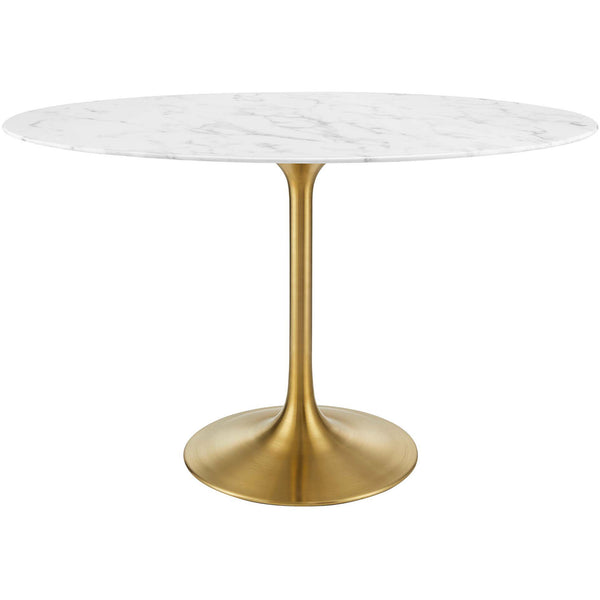 48 inch oval white faux marble dining table with tapered gold pedestal base || EEI-3216-GLD-WHI || front_studio