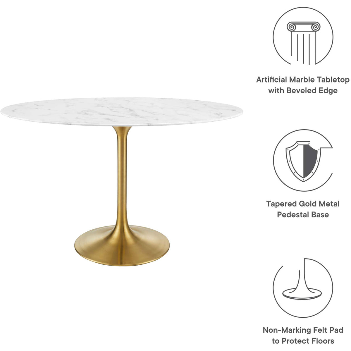 Faux marble dining table with beveled edge, gold pedestal base, and floor friendly felt pad || EEI-3216-GLD-WHI || callout_studio