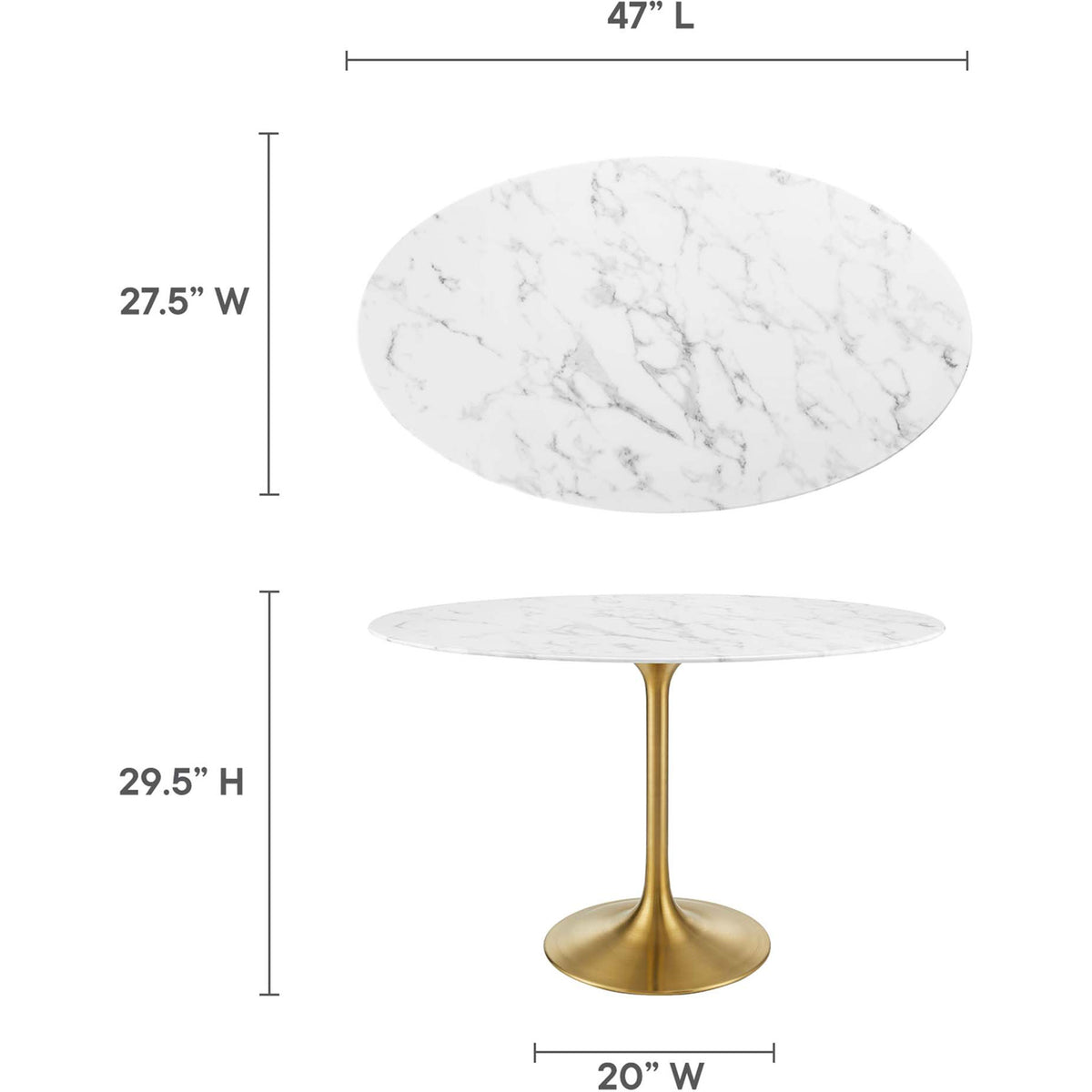 Dining table with labeled dimensions for length, width, height, and base width || EEI-3216-GLD-WHI || dimension_studio