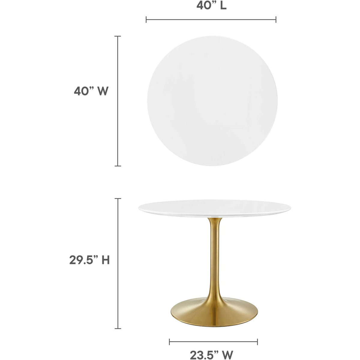 A 40-inch round white top stands 29.5 inches high on a 23.5-inch base.