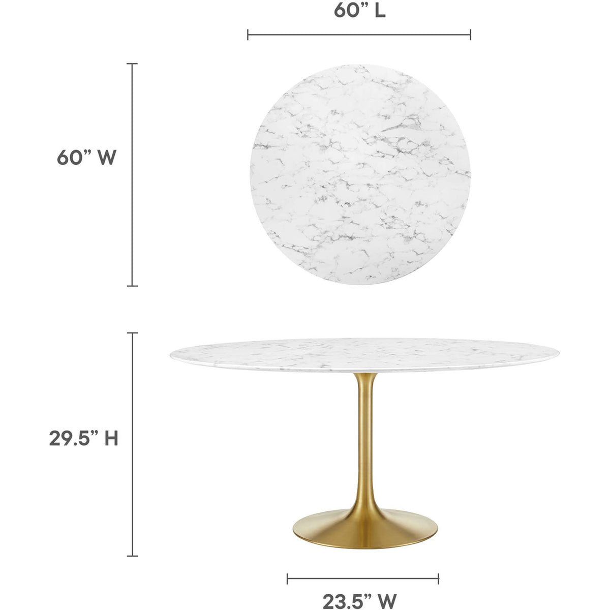 A 60-inch round top stands 29.5 inches tall on a 23.5-inch gold base.