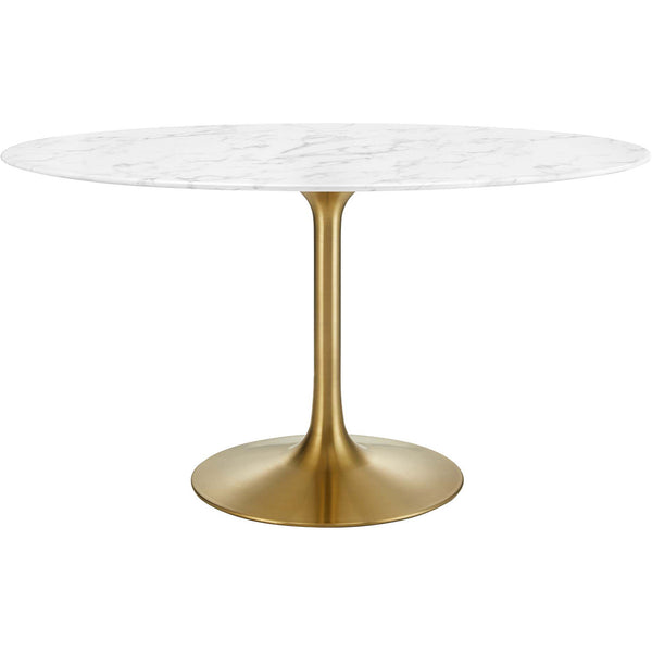 54 inch oval white faux marble dining table with tapered gold pedestal base || EEI-3235-GLD-WHI || front_studio
