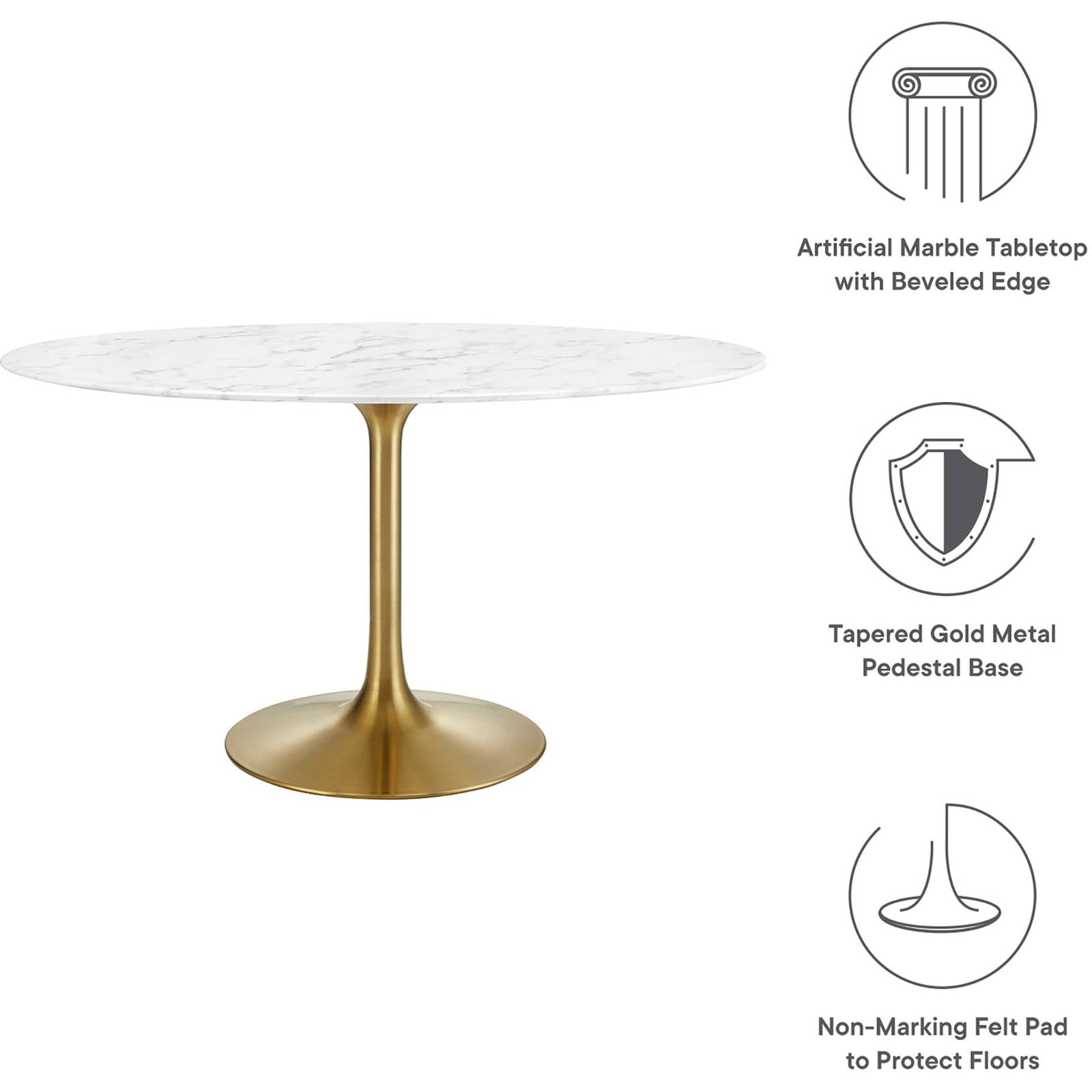 Oval faux marble dining table featuring beveled edge, gold pedestal base, and protective floor pad || EEI-3235-GLD-WHI || callout_studio