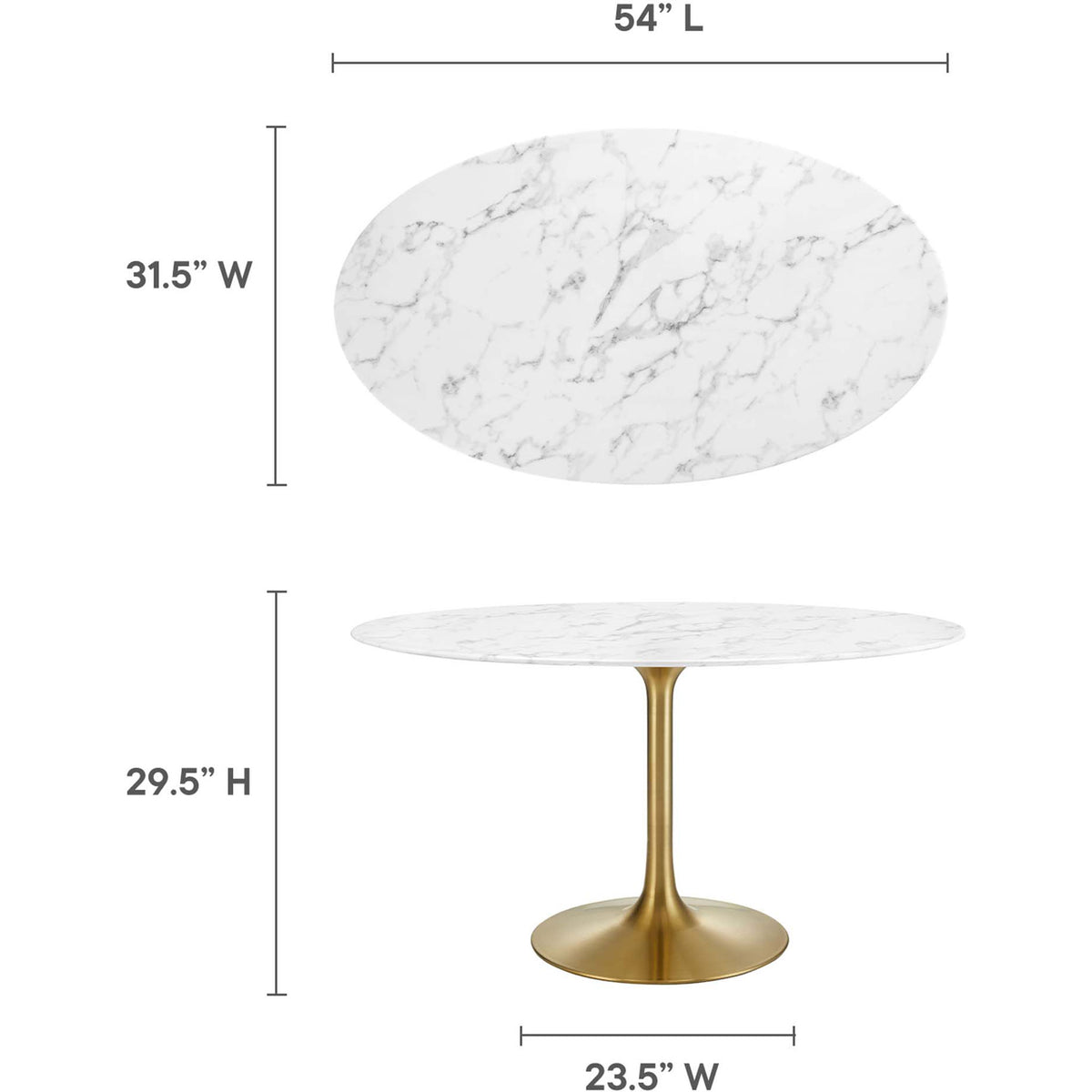 Dining table shown with dimensions for overall length, width, height, and pedestal base spread || EEI-3235-GLD-WHI || dimension_studio