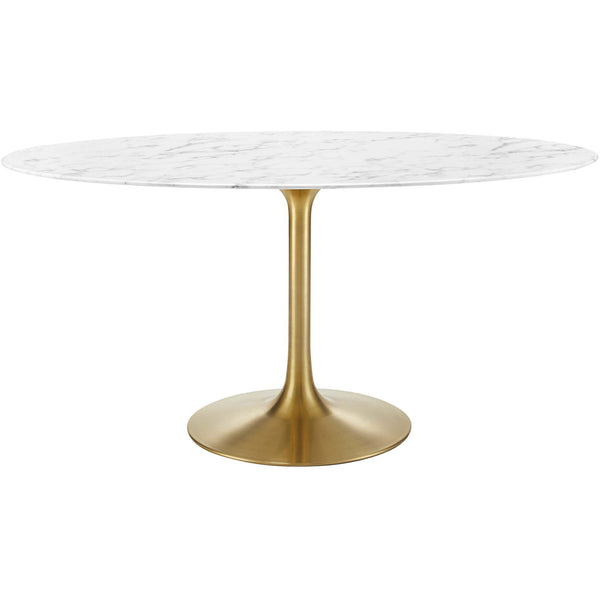 60 inch oval white faux marble dining table with tapered gold pedestal base || EEI-3236-GLD-WHI || front_studio