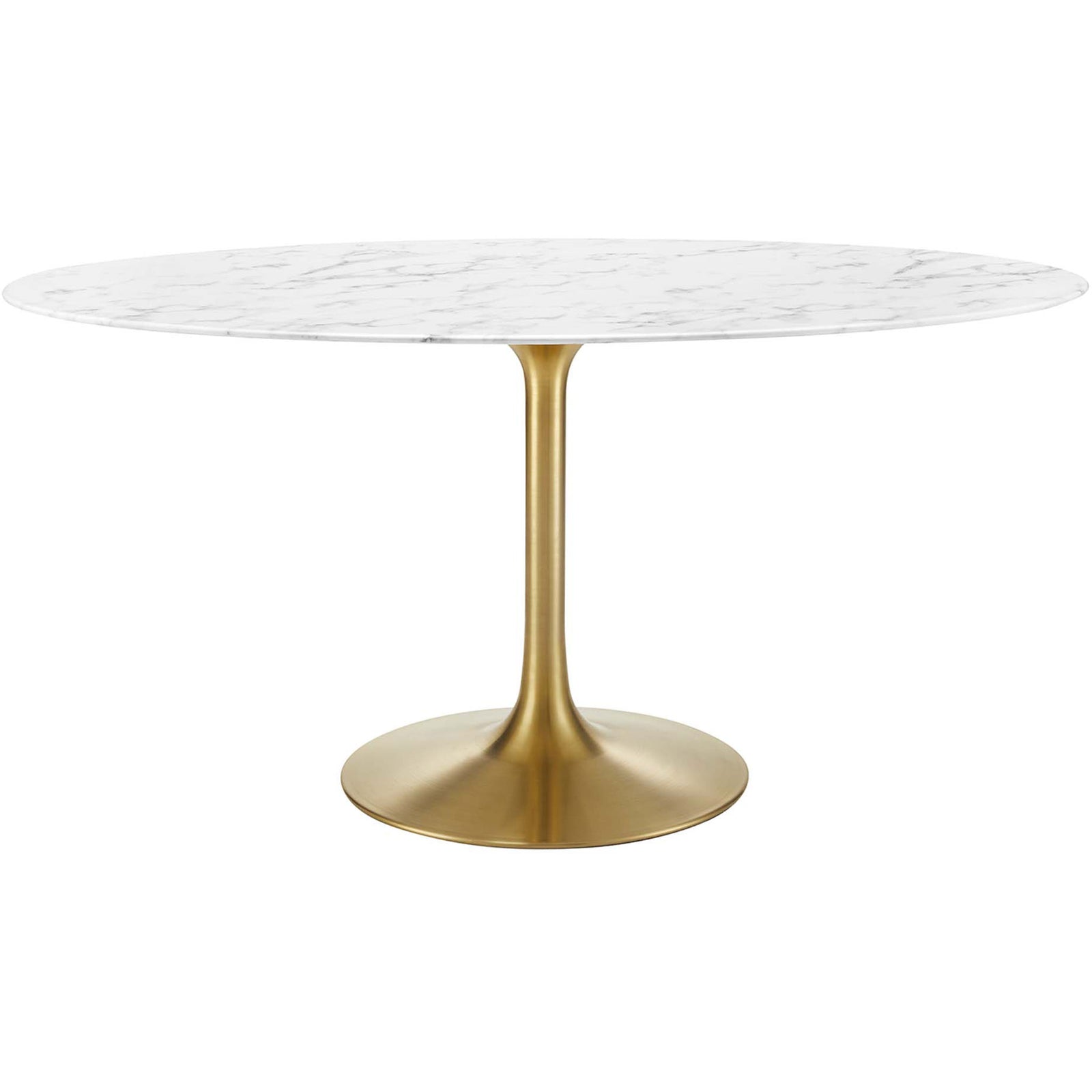 60 inch oval white faux marble dining table with tapered gold pedestal base || EEI-3236-GLD-WHI || front_studio