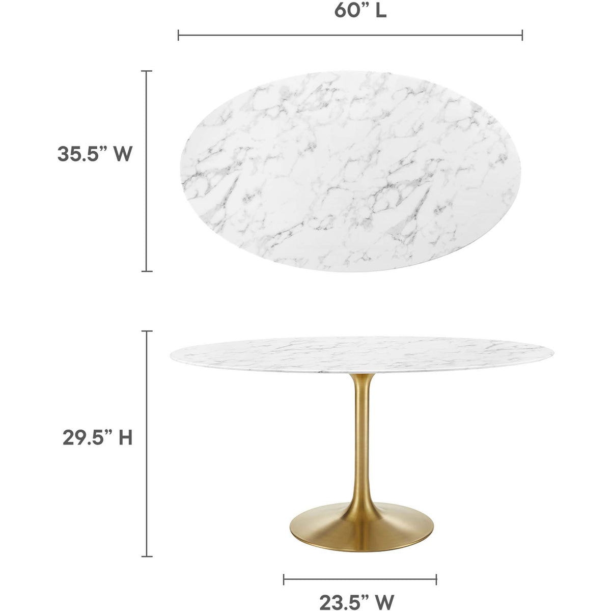 Dining table shown with measurements for length, width, height, and pedestal base width || EEI-3236-GLD-WHI || dimension_studio