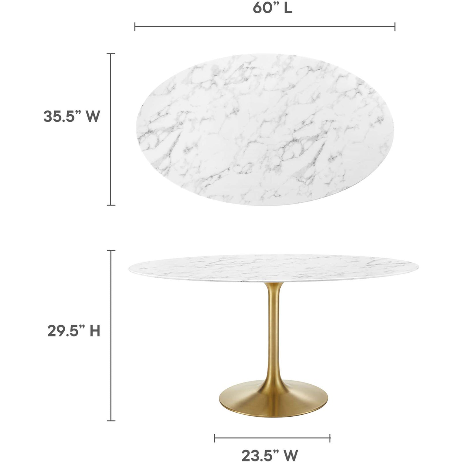 Dining table shown with measurements for length, width, height, and pedestal base width || EEI-3236-GLD-WHI || dimension_studio