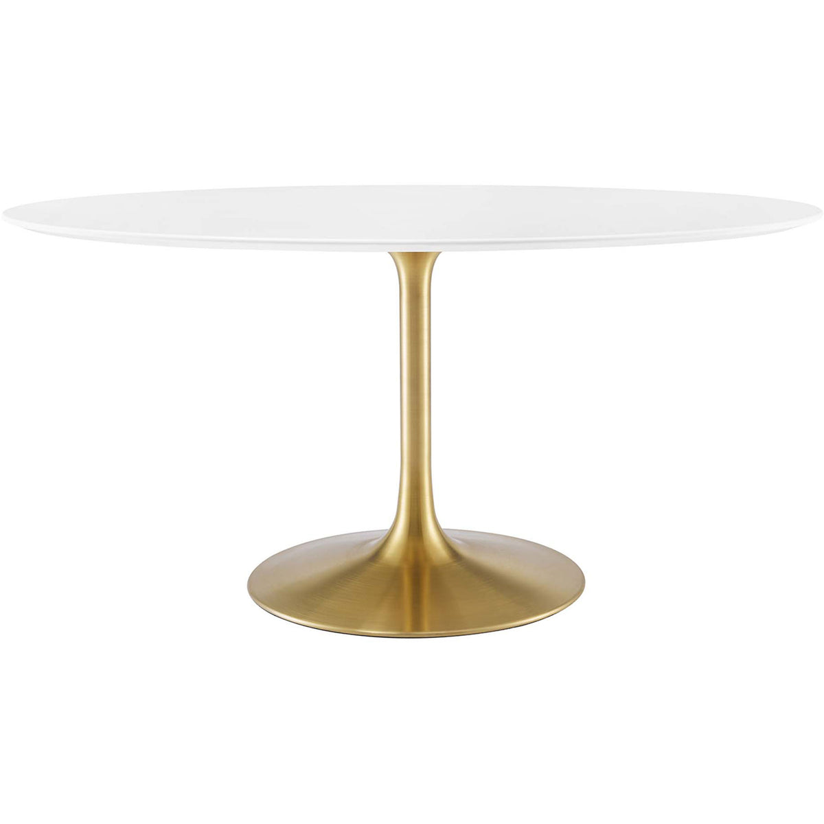 Elegant 60-inch white oval dining table with a slim brushed gold pedestal base for modern spaces. || EEI-3254-GLD-WHI || front_studio