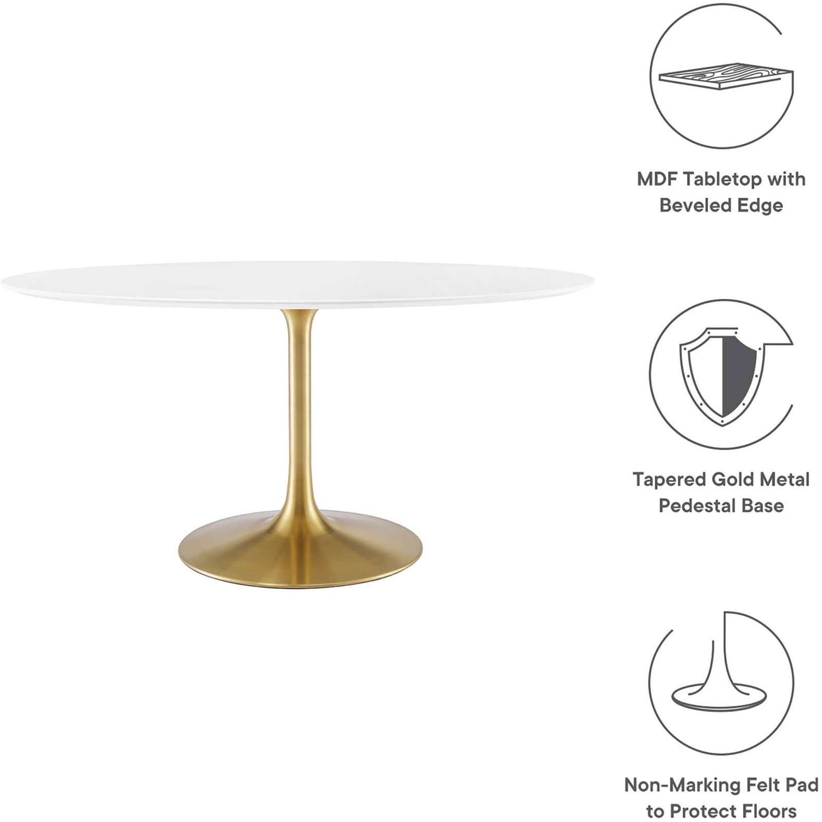 Feature graphic showcasing the lacquered MDF tabletop, gold pedestal base, and non-marking floor pad. || EEI-3254-GLD-WHI || callout_studio