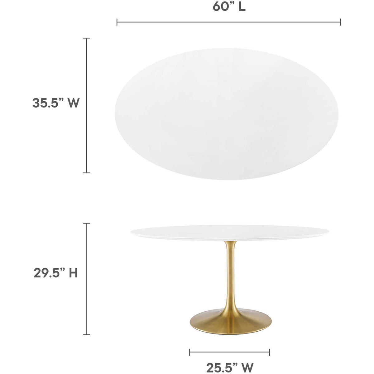Size guide displaying length, width, height, and base width for the 60-inch oval dining table. || EEI-3254-GLD-WHI || dimension_studio