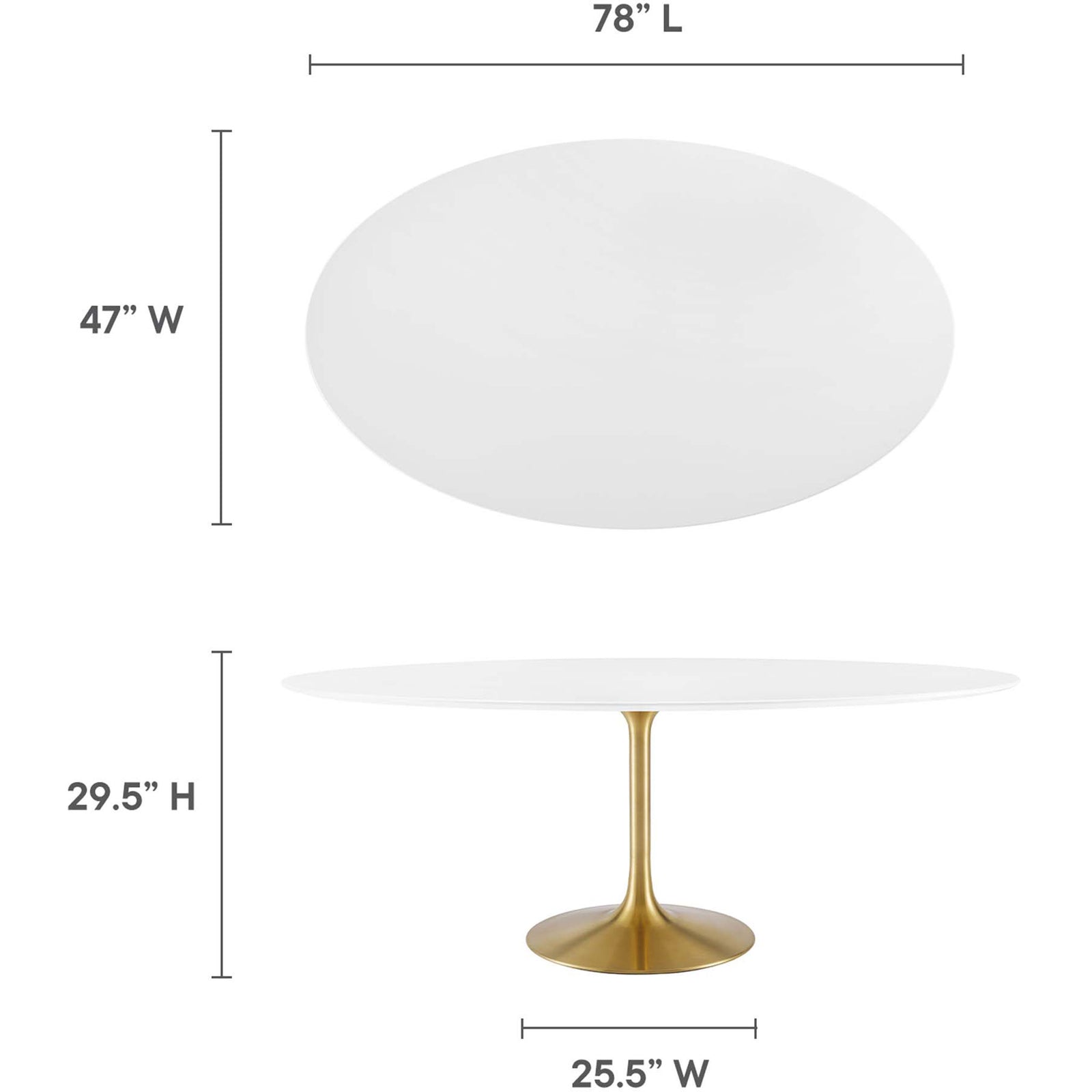 Size guide illustrating overall measurements and base footprint for the 78-inch oval dining table. || EEI-3255-GLD-WHI || dimension_studio