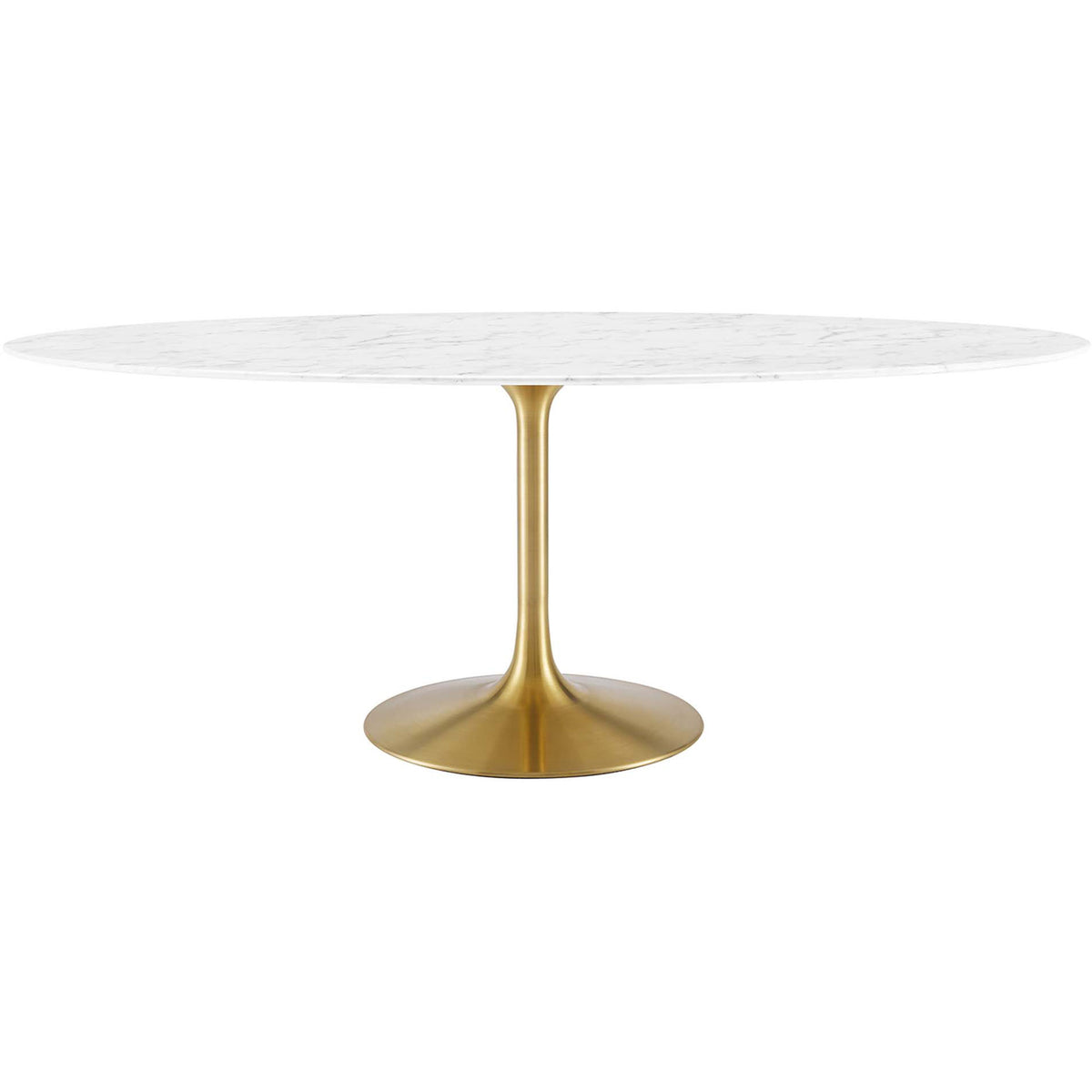 78 inch oval white faux marble dining table with tapered gold pedestal base || EEI-3257-GLD-WHI || front_studio