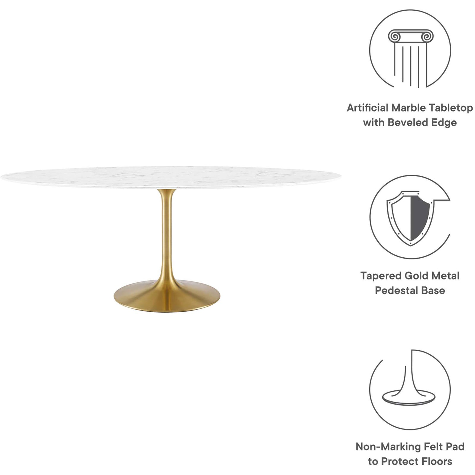 Large oval faux marble dining table with beveled edge, gold pedestal base, and floor safe felt pad || EEI-3257-GLD-WHI || callout_studio