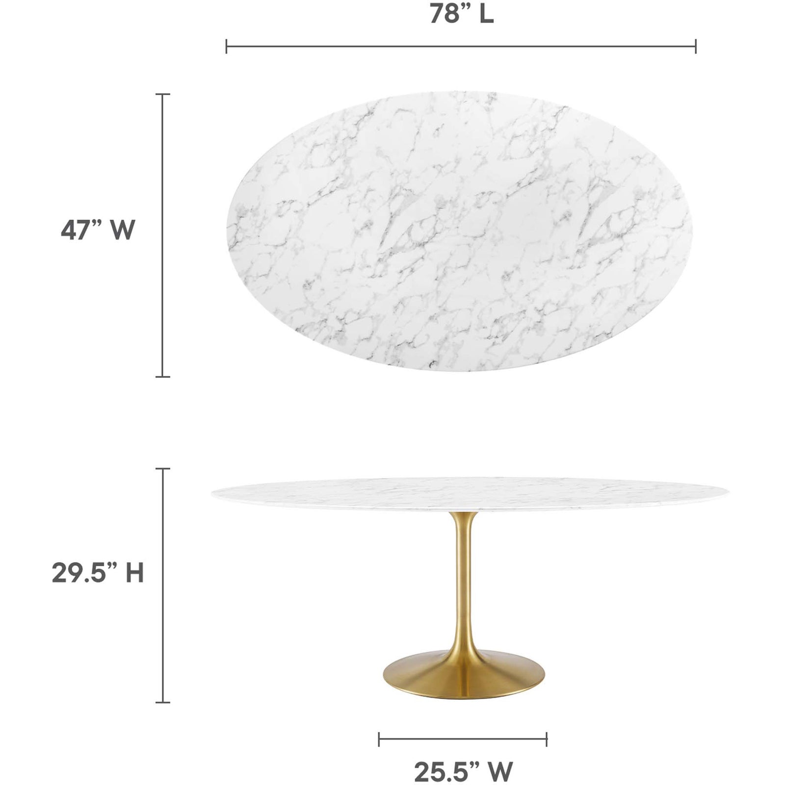 Spacious dining table shown with dimensions for generous length, width, height, and base width || EEI-3257-GLD-WHI || dimension_studio
