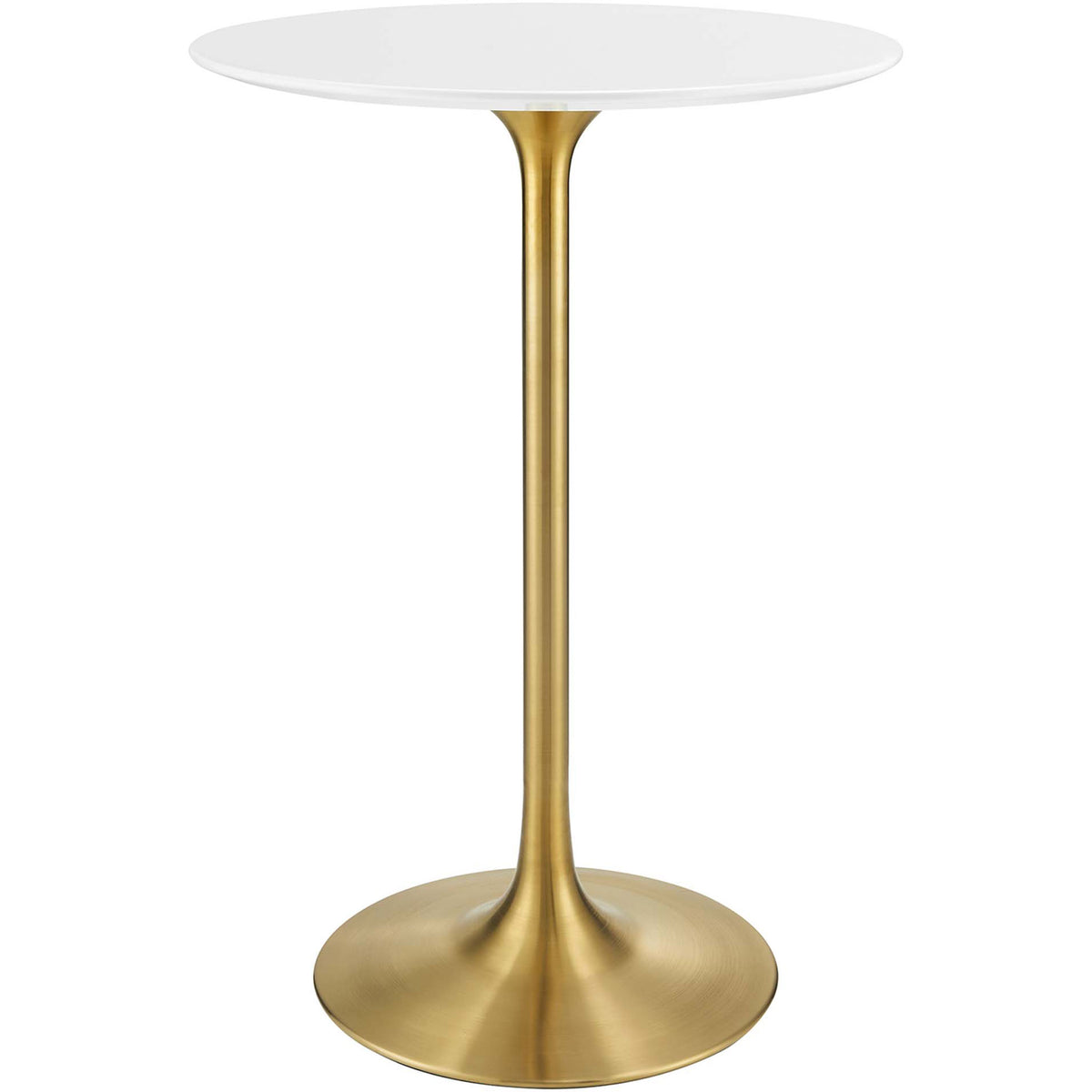 Sleek round bar table with glossy white top and tapered gold pedestal base || EEI-3262-GLD-WHI || front_studio