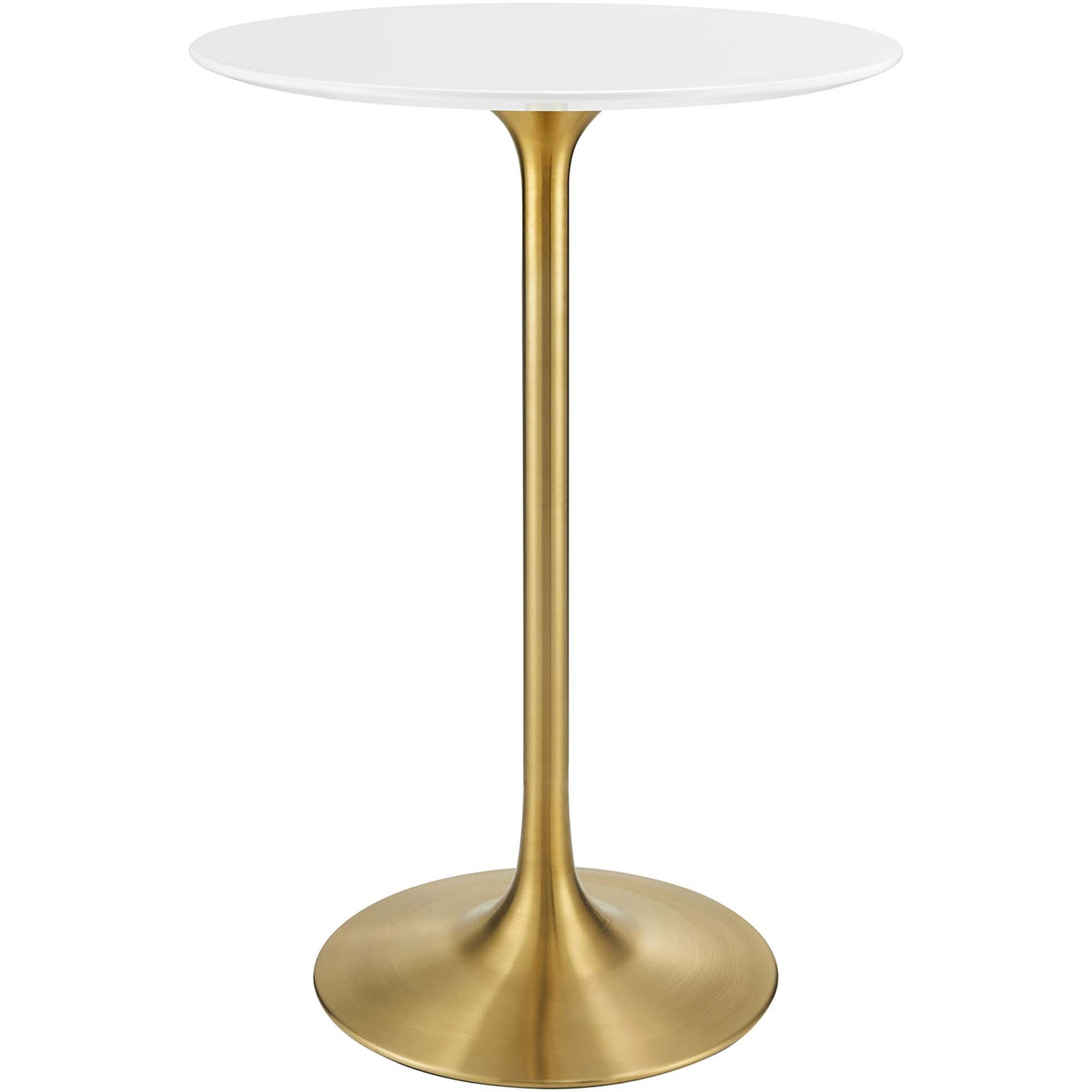 Sleek round bar table with glossy white top and tapered gold pedestal base || EEI-3262-GLD-WHI || front_studio