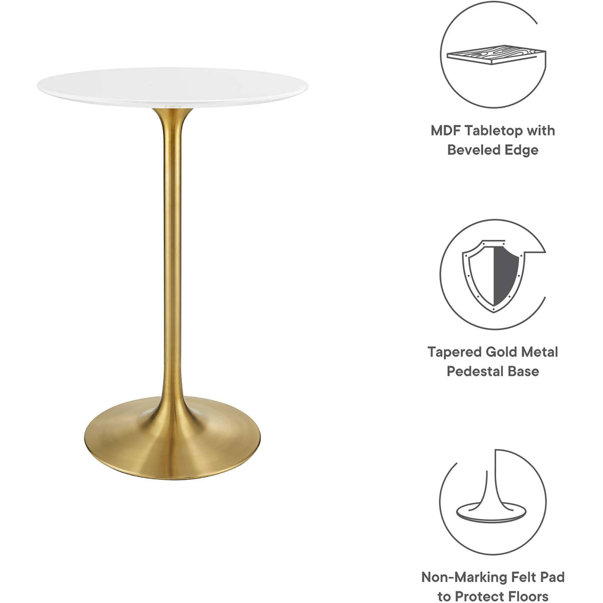 Highlights include beveled MDF top, tapered gold base, and floor-protecting felt pad || EEI-3262-GLD-WHI || callout_studio