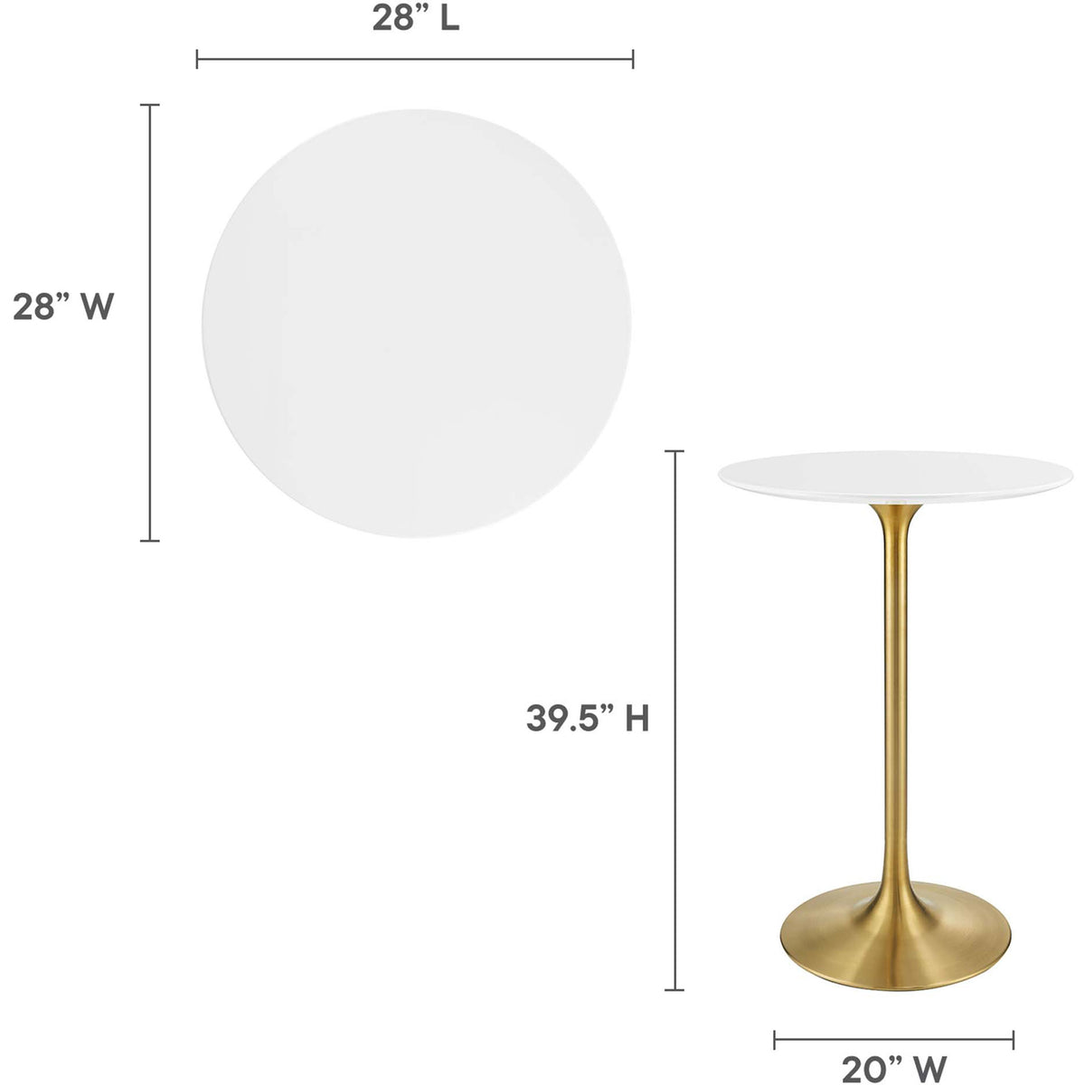 Compact 28-inch round bar table stands 39.5 inches tall with a 20-inch base || EEI-3262-GLD-WHI || dimension_studio