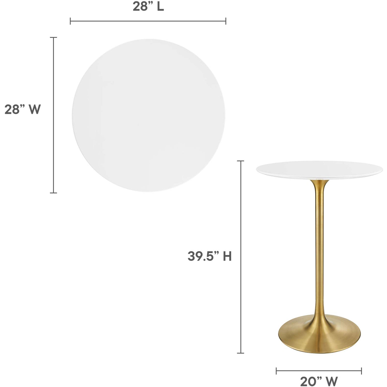 Compact 28-inch round bar table stands 39.5 inches tall with a 20-inch base || EEI-3262-GLD-WHI || dimension_studio