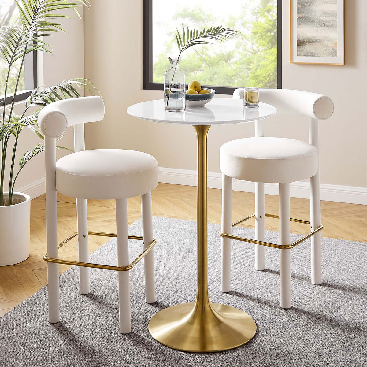 Modern pedestal bar table brings mid-century style with white top and gold base || EEI-3262-GLD-WHI || front_angle_room
