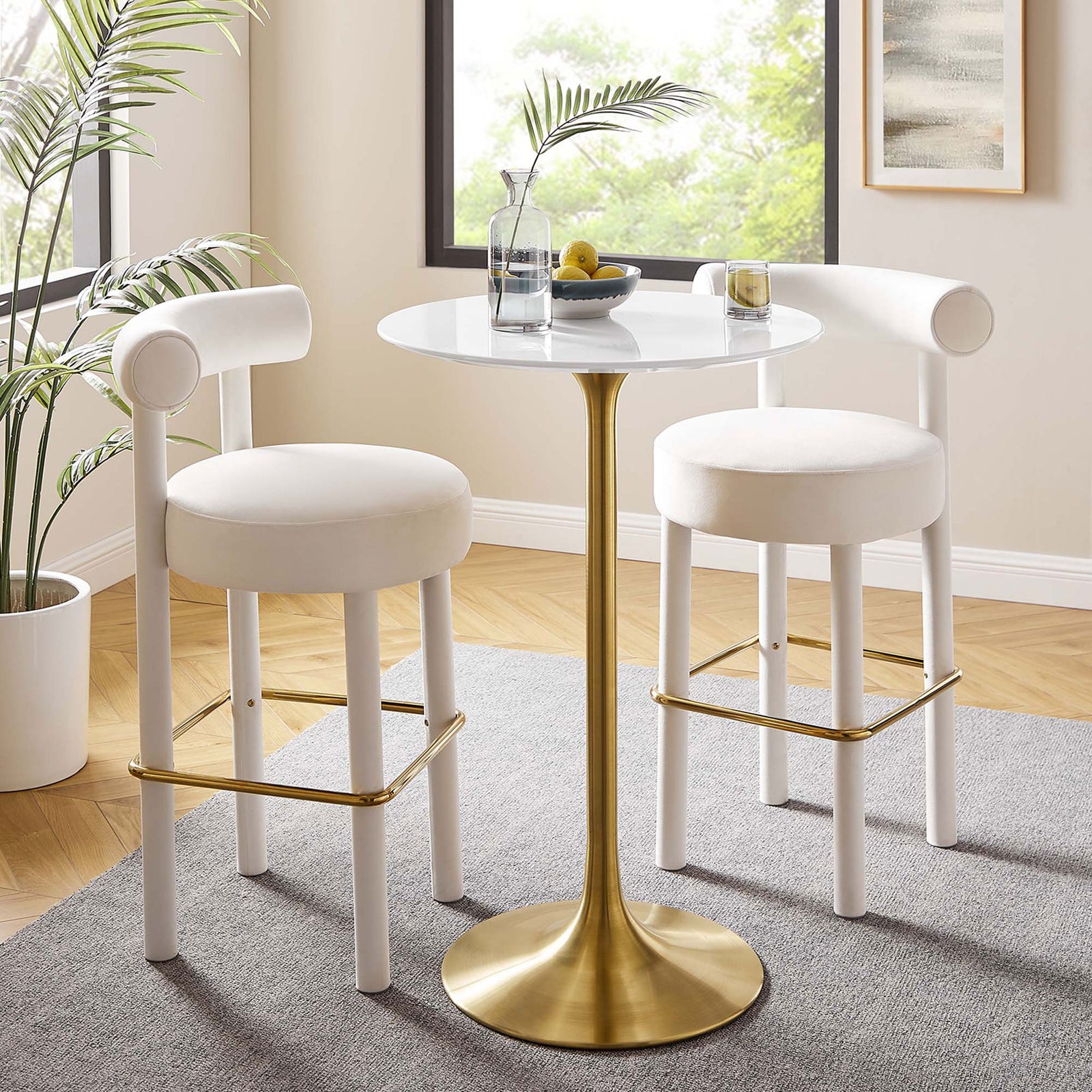 Modern pedestal bar table brings mid-century style with white top and gold base || EEI-3262-GLD-WHI || front_angle_room